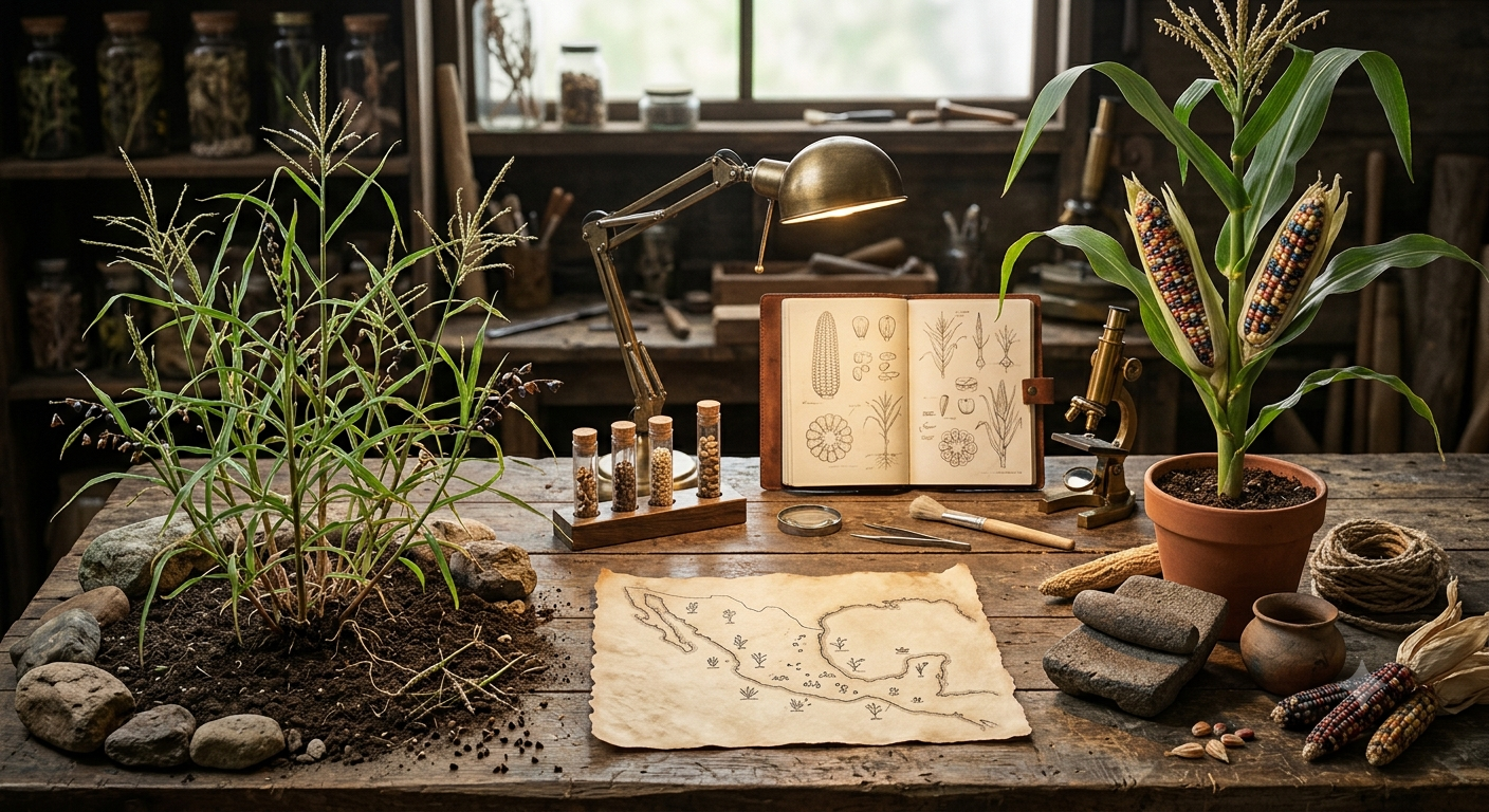 Bodegón de estudio: a la izquierda el teocintle silvestre, ramificado como pasto; a la derecha el maíz domesticado con mazorcas multicolores; en medio, un mapa de Mesoamérica, un microscopio y herramientas de laboratorio.